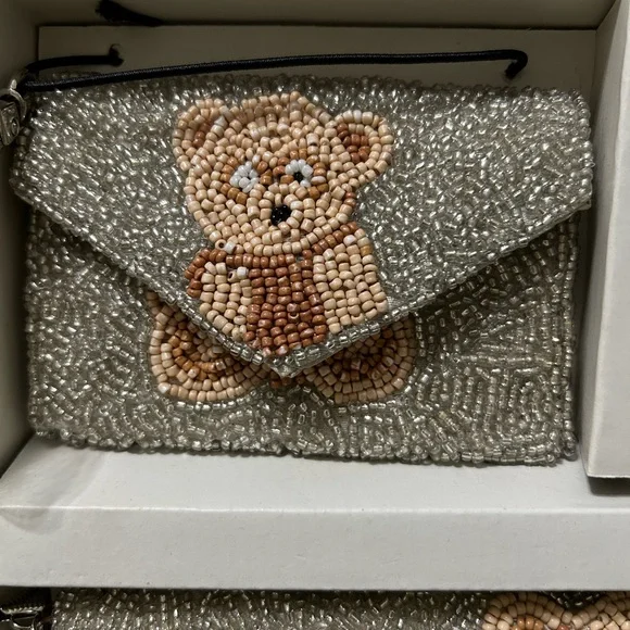 Rachel Zoe Beaded Teddy Clutch & Card Case Set - Silver with Tan Teddy - Picture 5 of 9
